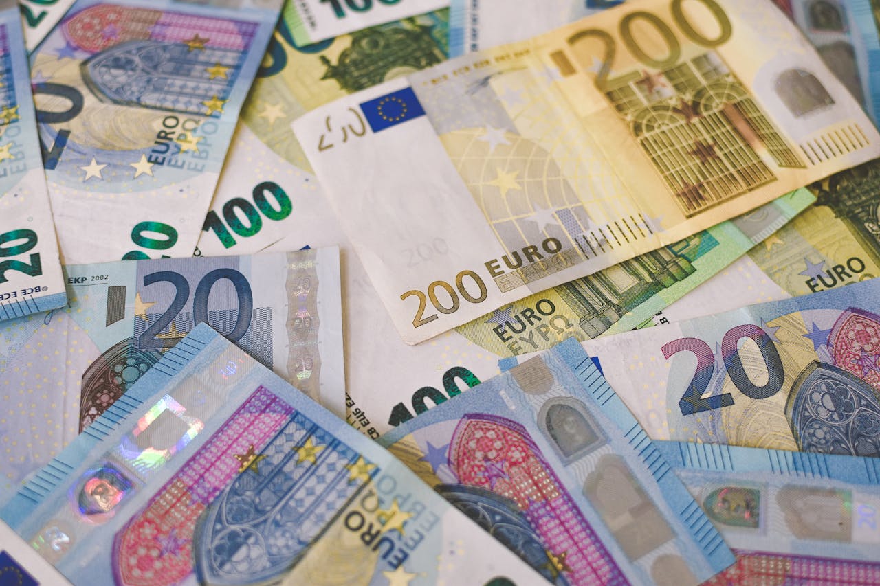 Image of various Euro banknotes spread out, captured in Berlin.